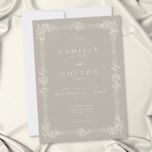 Convites Casamento Elegante Vintage Barroco Neutro Bege Mar
