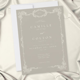 Convites Casamento Elegante Vintage Barroco Neutro Bege Mar