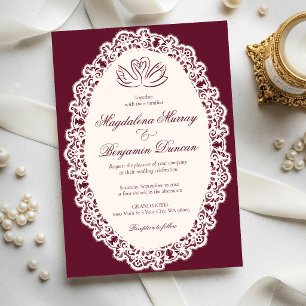Convites Casamento Elegante Vintage Borgonha Marfim com Ren