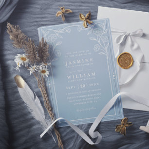 Convites Casamento Elegante Vintage Branco e Azul com Códig