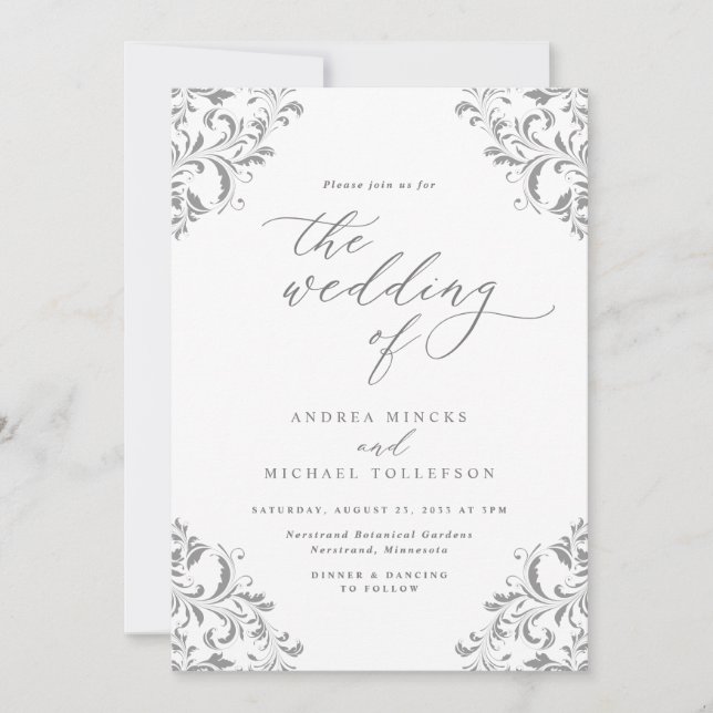 Convites Casamento Elegante Vintage Cinza Prata (Frente)