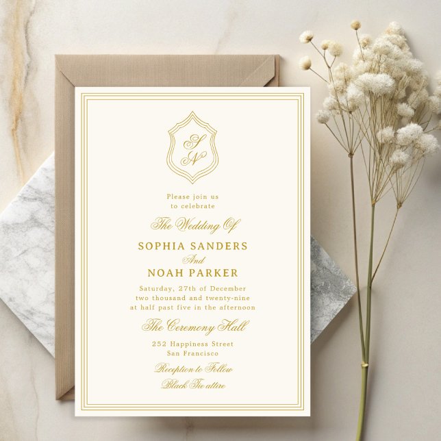 Convites Casamento elegante vintage clássico dourado monogr (Criador carregado)