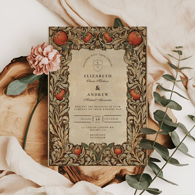 Convites Casamento Elegante Vintage com Romã (Criador carregado)