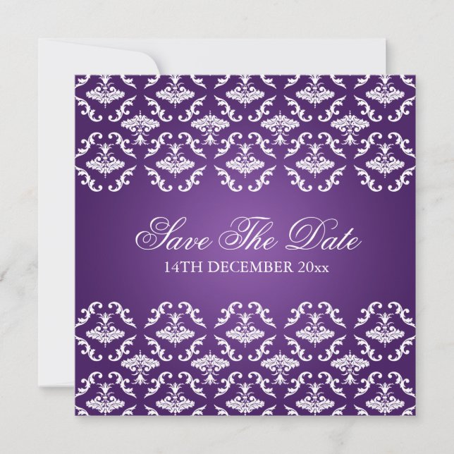 Convites Casamento Elegante Vintage Damask Roxo (Frente)