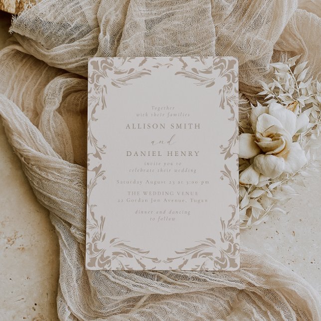 Convites Casamento Elegante Vintage Marfim e Bege (Criador carregado)