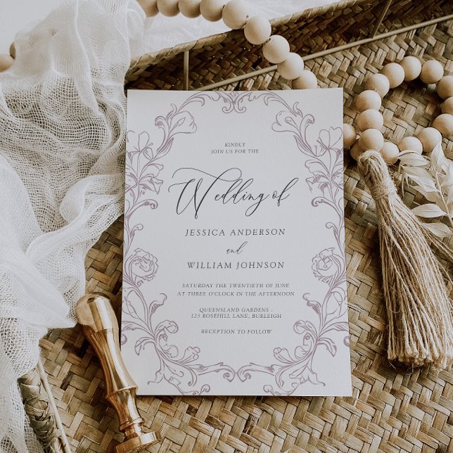 Convites Casamento Elegante Vintage Rococó em Arte Linear (Criador carregado)