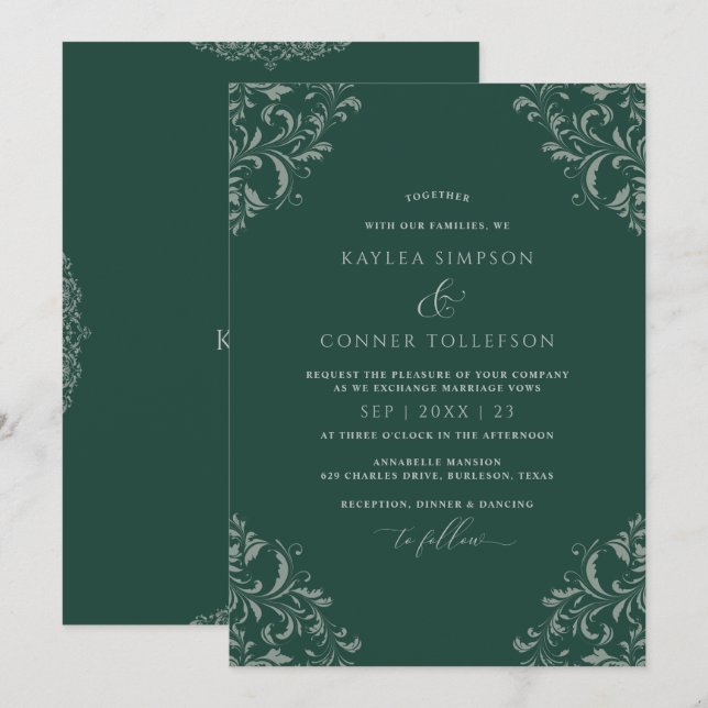 Convites Casamento Elegante Vintage Verde Esmeralda (Frente/Verso)