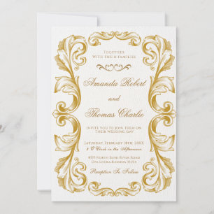 Convites Casamento Elegante Vitoriano Branco e Dourado