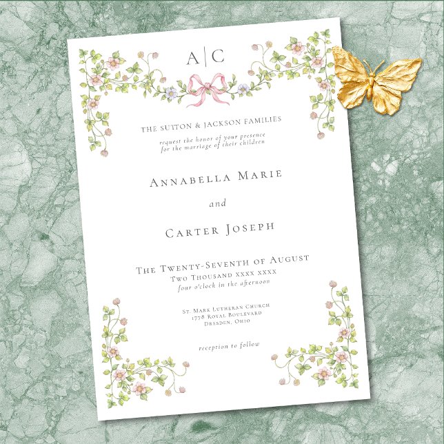 Convites Casamento Elegante Vitoriano com Arco Floral Paste (Elegant Victorian Pastel Floral Bow Wedding Invitation)