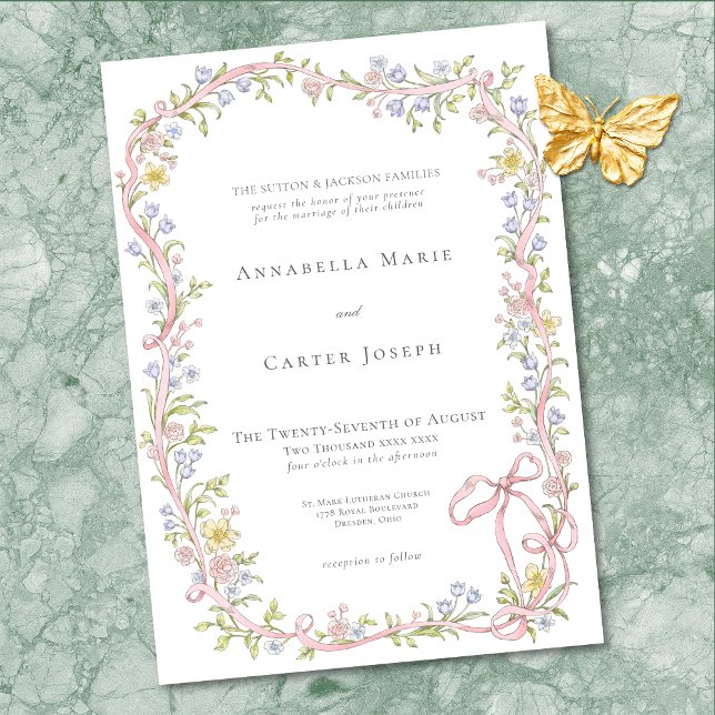Convites Casamento Elegante Vitoriano com Arco Floral Paste (Elegant Victorian Pastel Floral Bow Wedding Invitation)