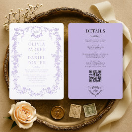 Convites Casamento Elegante Vitoriano Lilás Roxo Tudo em Um