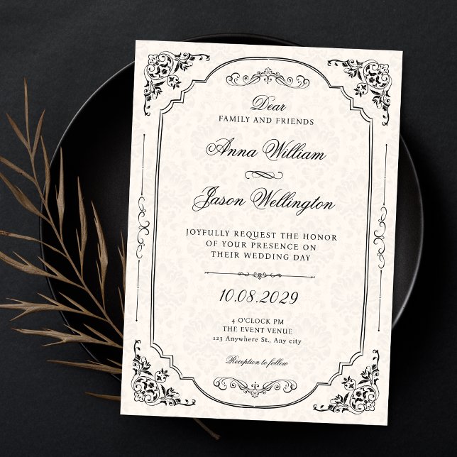 Convites Casamento elegante vitoriano preto e branco (Criador carregado)