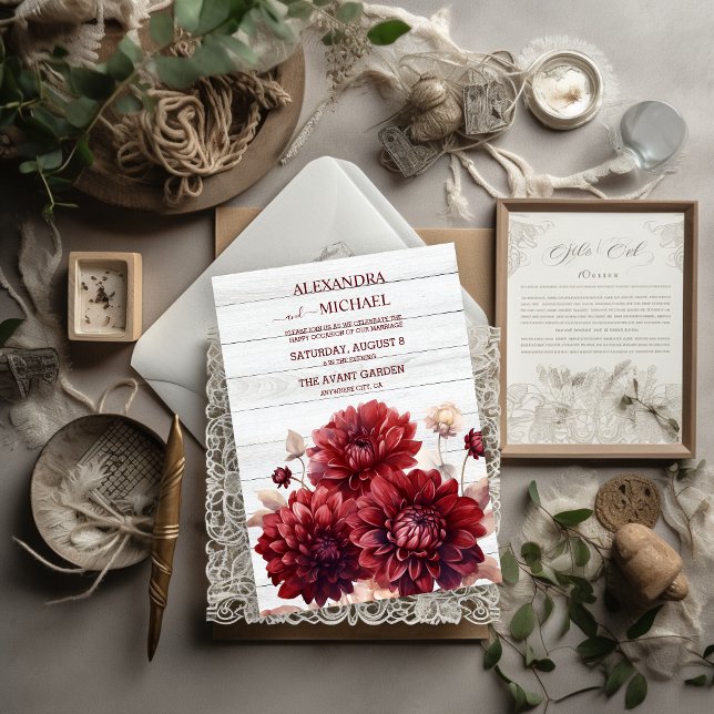 Convites Casamento Elegante Watercolor Burgundy Dahlia (Criador carregado)