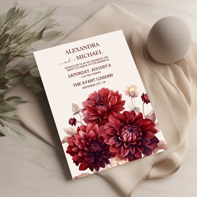 Convites Casamento Elegante Watercolor Burgundy Dahlia (Criador carregado)