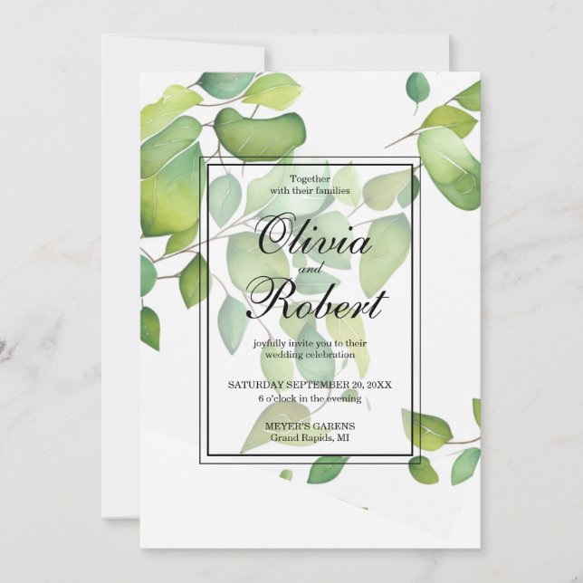 Convites Casamento Elegante Watercolor eucalyptus greenery (Frente)