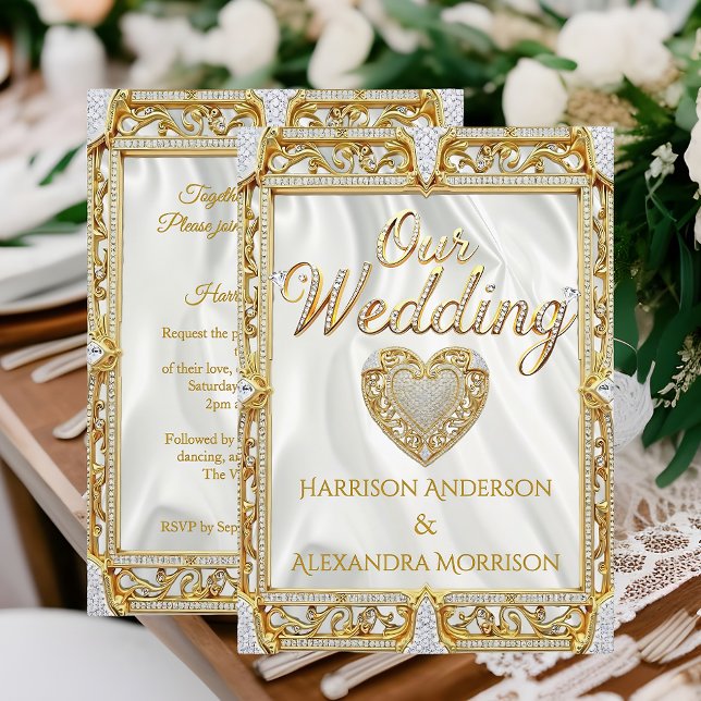 Convites Casamento Elite Dourado Branco Seda Diamante Moldu (Criador carregado)