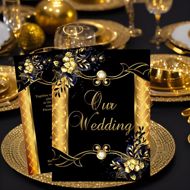 Convites Casamento Elite Dourado Preto Diamantes Florais (Criador carregado)