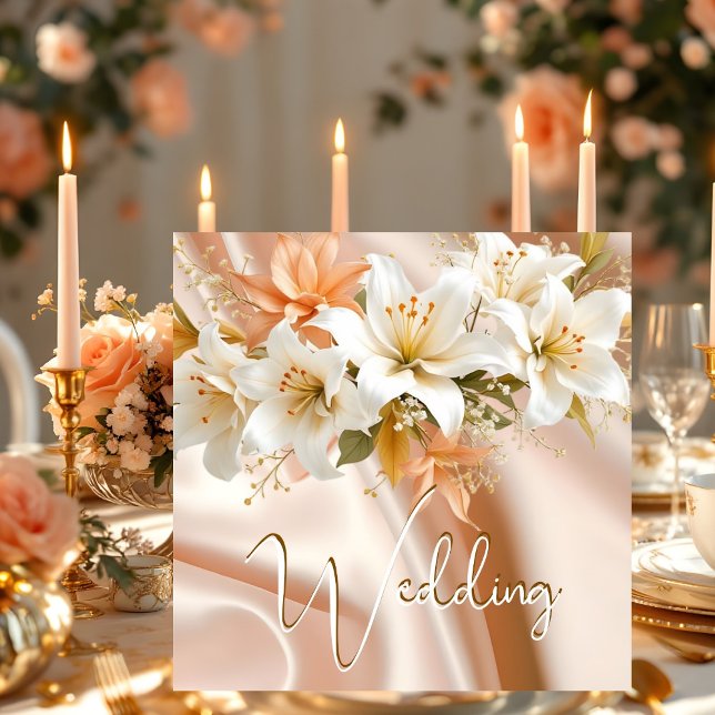 Convites Casamento Elite floral Lírios Branco Seda Pêssego (Criador carregado)