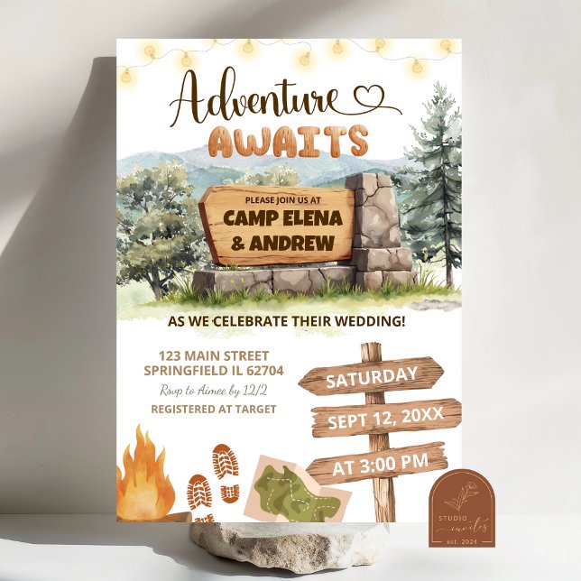 Convites casamento em acampamento de aventura à espera (Criador carregado)