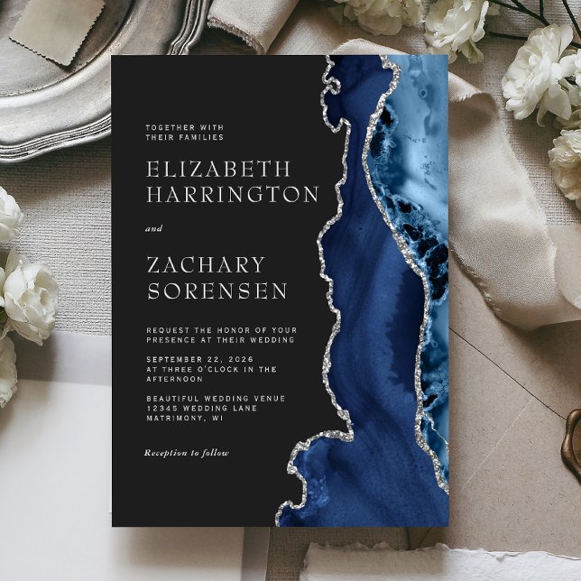 Convites Casamento em Ágata Azul Marinho Prata (Criador carregado)
