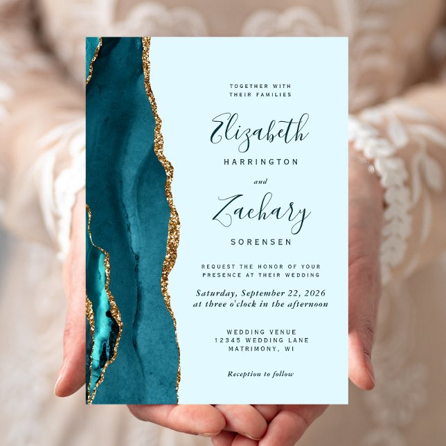 Convites Casamento em Ágata Azul Teal Moderno Dourado (Criador carregado)