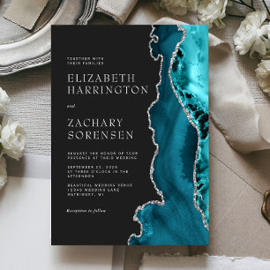 Convites Casamento em Ágata Azul Teal Prata