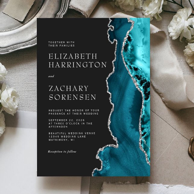 Convites Casamento em Ágata Azul Teal Prata (Criador carregado)