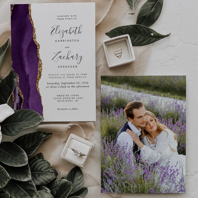Convites Casamento em Ágata Dourada Roxa de Foto Moderna (Criador carregado)