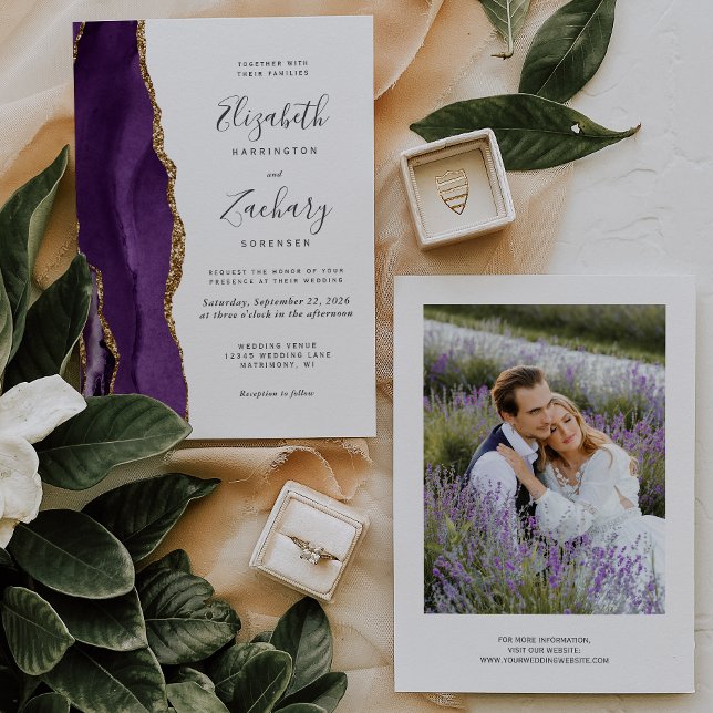 Convites Casamento em Ágata Dourada Roxa de Foto Moderna (Criador carregado)