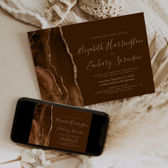 Convites Casamento em Ágata Marrom Mocha Dourado (Criador carregado)
