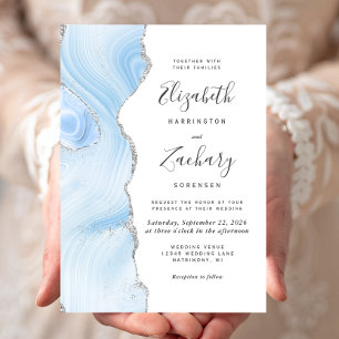 Convites Casamento em Ágata Prata Azul Bebê Moderno