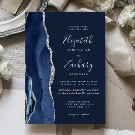 Convites Casamento em Ágata Prata Azul Marinho Moderno