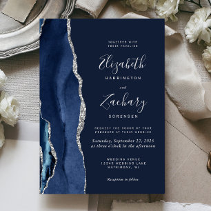 Convites Casamento em Ágata Prata Azul Marinho Moderno