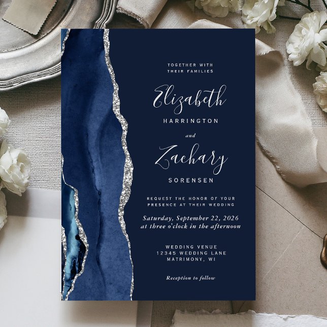 Convites Casamento em Ágata Prata Azul Marinho Moderno (Criador carregado)
