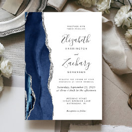 Convites Casamento em Ágata Prata Azul Marinho Moderno