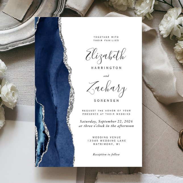 Convites Casamento em Ágata Prata Azul Marinho Moderno (The perfect choice for a navy blue and silver themed wedding.)