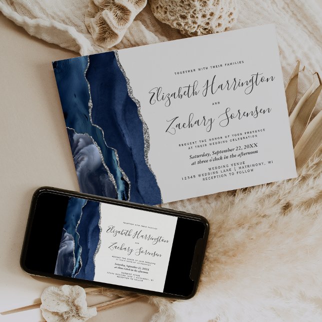 Convites Casamento em Ágata Prata Azul Marinho Moderno (Criador carregado)