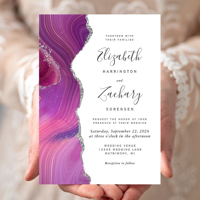 Convites Casamento em Ágata Prata Magenta Moderna (Criador carregado)