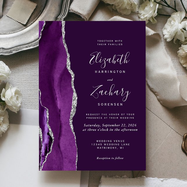 Convites Casamento em Ágata Prateada Deep Purple Moderna (Criador carregado)