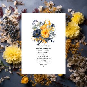 Convites Casamento em Amarelo Marigold, Azul Marinho e Cinz