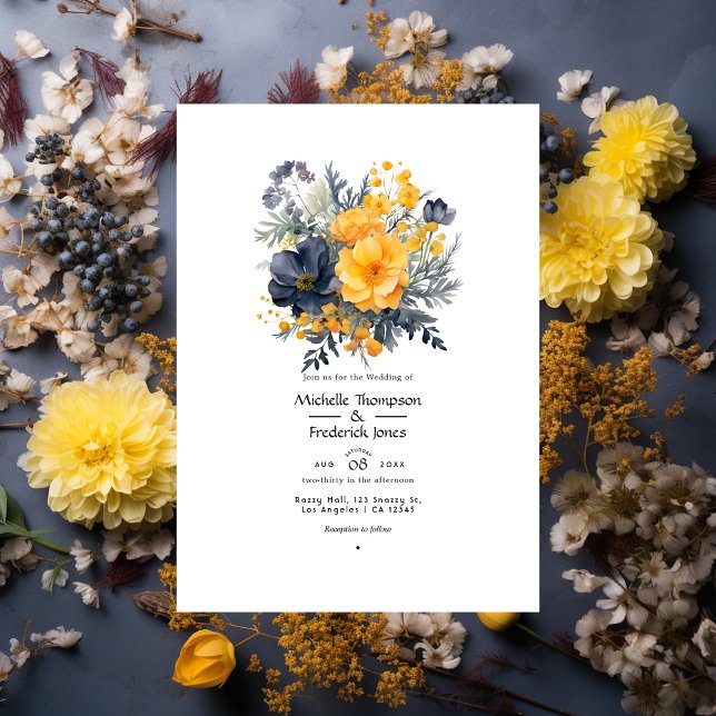 Convites Casamento em Amarelo Marigold, Azul Marinho e Cinz (Criador carregado)