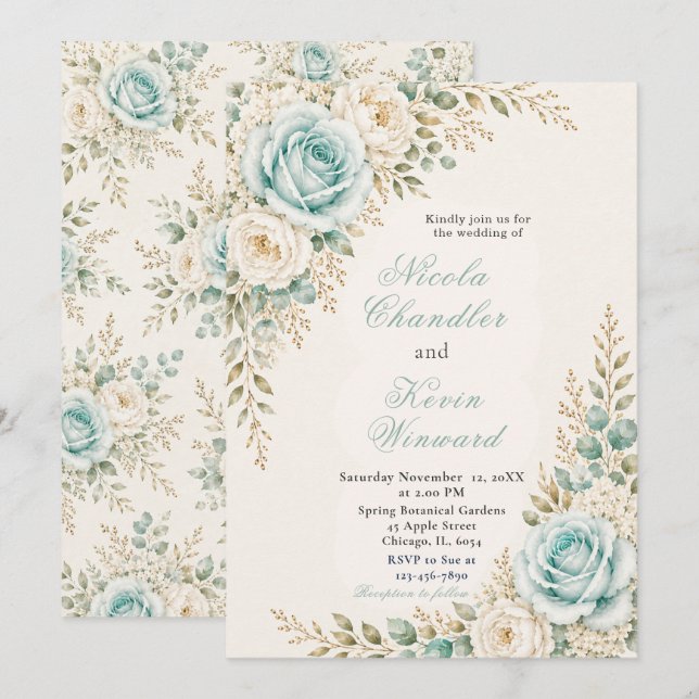 Convites Casamento em Aqua e Marfim (Frente/Verso)
