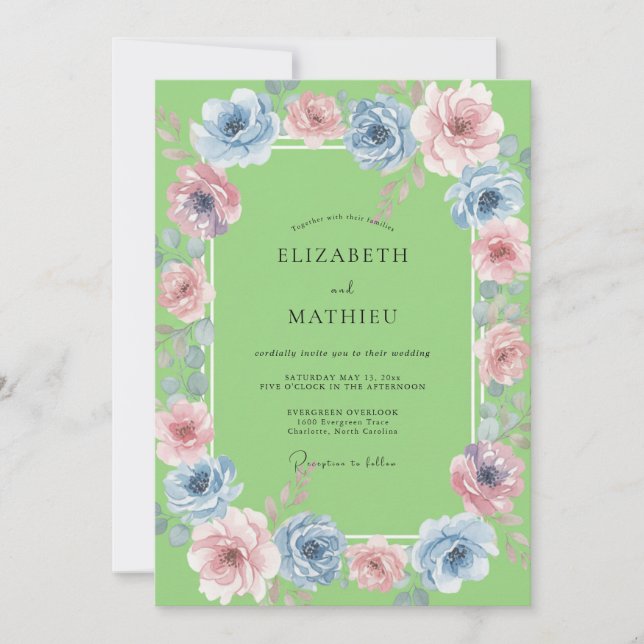 Convites Casamento em Aquarela Azul Chartreuse (Frente)