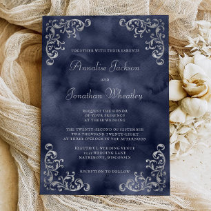 Convites Casamento em Aquarela Azul-Marinho Prata Vintage