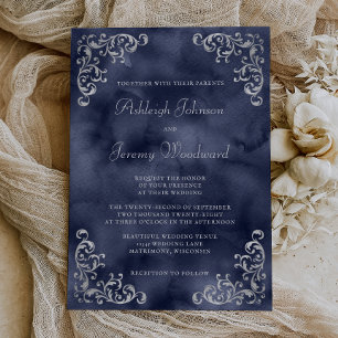 Convites Casamento em Aquarela Azul Marinho Prata Vintage