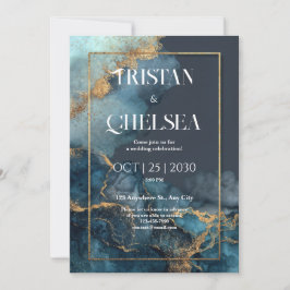 Convites Casamento em Aquarela Azul Mármore Dourado Luxuoso