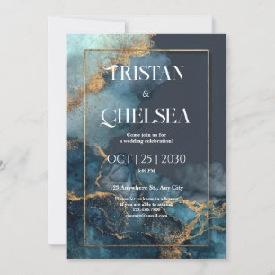 Convites Casamento em Aquarela Azul Mármore Dourado Luxuoso