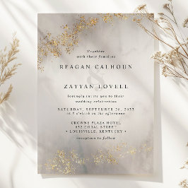 Convites Casamento em Aquarela Cinza com Lascas de Ouro Lux