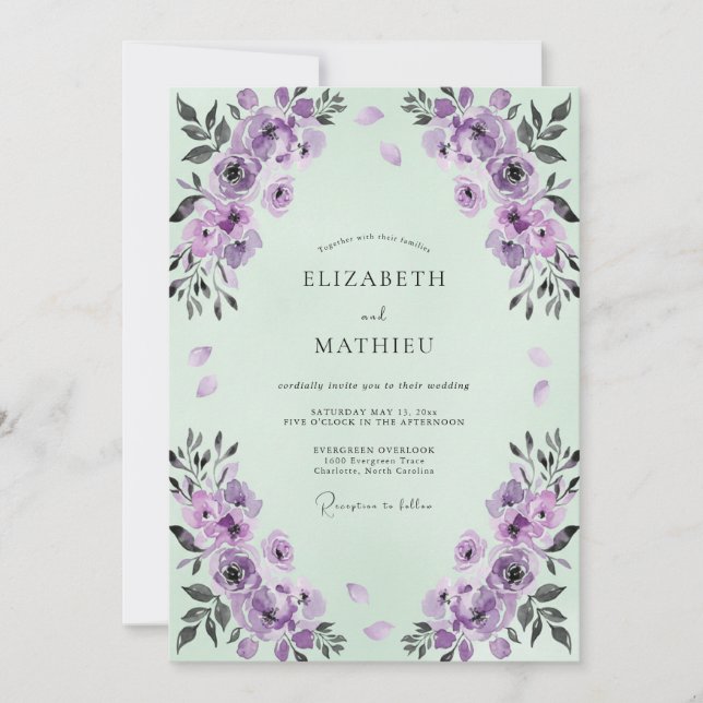 Convites Casamento em Aquarela com Âmbar e Hortelã (Frente)