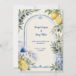 Convites Casamento em aquarela com azulejo azul costeiro de